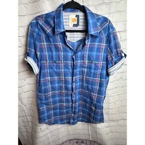 BOSS Orange Plaid‎ Shirt Short Sleeve Button Up Casual Blue